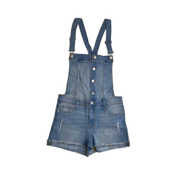Celebrity Pink Jean Short Overalls Large Juniors'‎ Distressed Faded Stretch NEW - Picture 1 of 10
